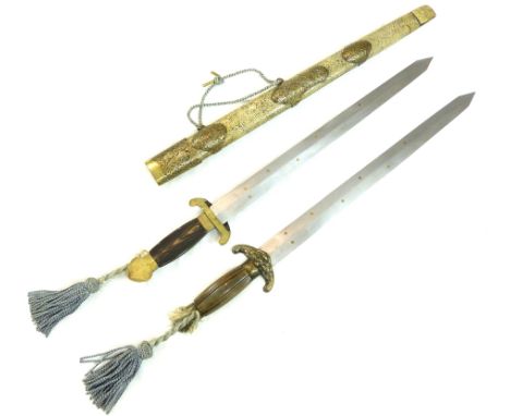 Chinese butterfly sword, brass pommel and mask hilt, wooden grip, double edged blade, 43cm, shagreen effect scabbard with bra