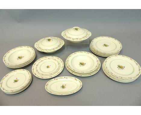 1930s Morley Ware ceramic six place dinner service, leaf and berry design of Art Deco style, 7'', 9'' and 10'' plates, soup p