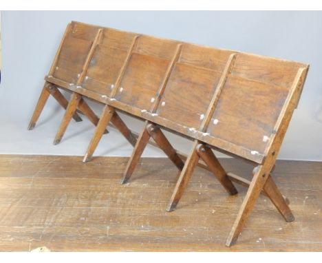 Garden / tennis folding bench, oak, serpentine back, five independent rising seats, 234cm w.