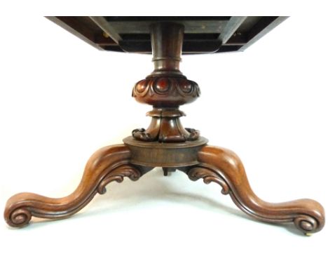 Rosewood study table, 19th C D-end, turned and floral column, tripod base with acanthus detail and scroll feet, snap top with