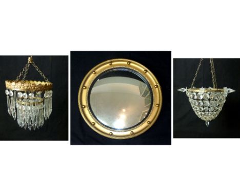 'Port Hole' convex circular mirror, gilt framed, a crystal light shade, 21cm and a crystal double ring chandelier. (3) 