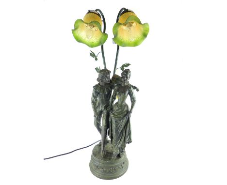 Twin light table lamp, modelled in the form of a young violinist with a lady, 