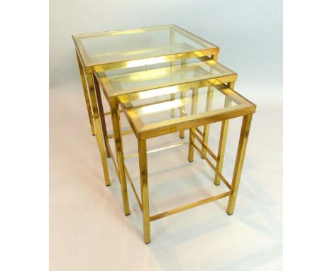 Nest of three heavy brass and glass lamp tables, box frame, largest 56 x 51.5 x 43.5cm (3)