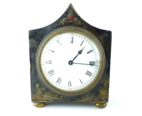 Chinoiserie lacquer decorated mantel clock, figure, buildings and formal garden decorated case, enamel face, brass drum movem