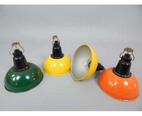 Set of four industrial hanging lamp shades, yellow, orange and green, 21cm dia.