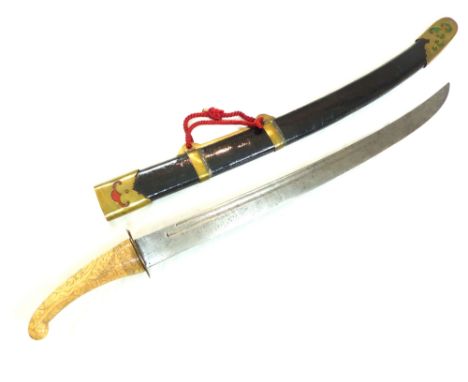 Chinese Dao sword, ivory effect, carved grip, fullered carved blade, 62cm, bamboo scabbard with brass drag and mouthpiece. 