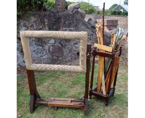 A tapestry frame, together with a stick stand and contents