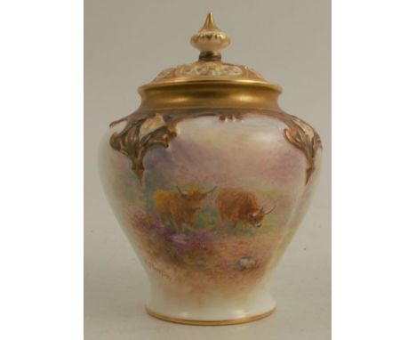 A Royal Worcester covered quarter lobed vase, decorated with Highland cattle by H Stinton, shape number H279, height 5.5ins -