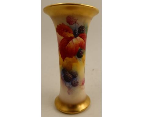 A Royal Worcester trumpet vase, decorated with Autumnal fruits and leaves by Kitty Blake, shape number G923, height 6ins - Go