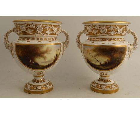 A pair of Royal Worcester pedestal vases, the fronts decorated with panels of figures in landscape by H Davis, to a white gro