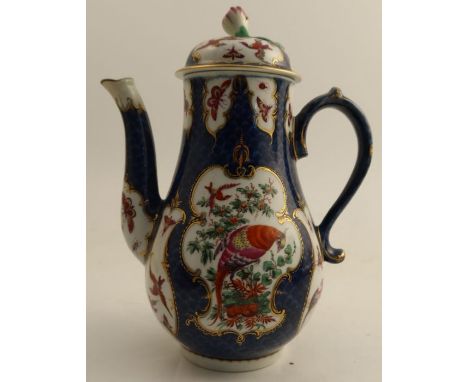 An 18th century Worcester coffee pot, the scale blue ground decorated with reserve panels and insects and fabulous birds, flo