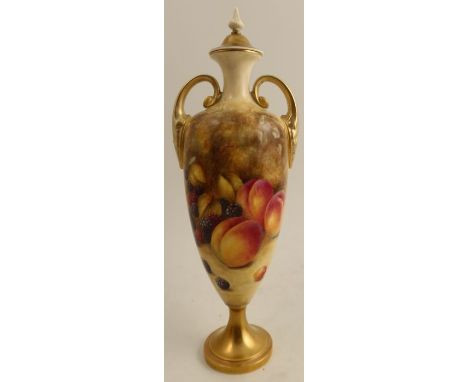 A Royal Worcester covered pedestal vase, decorated to the front with fruit to a mossy background by S Weston, shape number 27