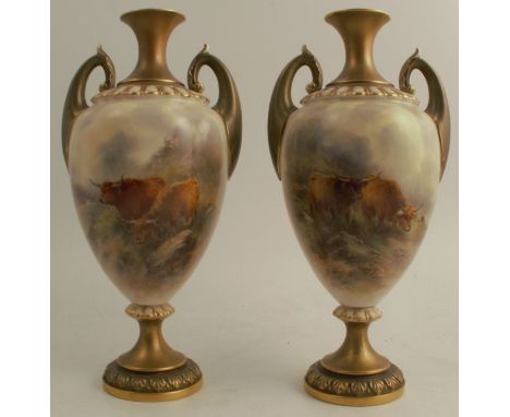 A pair of Royal Worcester vases, shape number H313, decorated with Highland cattle by H Stinton, circa 1917, height 12ins - B