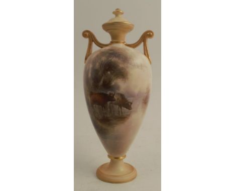 A Royal Worcester covered vase, decorated with English cattle by John Stinton, shape number G962, circa 1905, height 9.25ins 