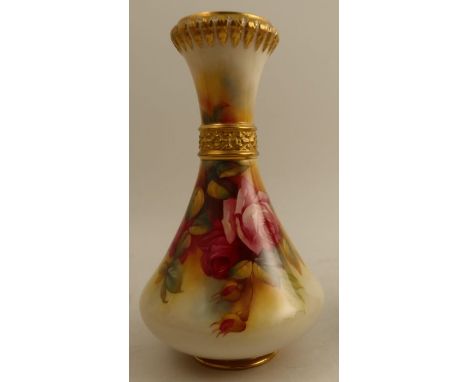 A Royal Worcester vase, decorated with pink and red roses with leaves by M Hunt, with gilt rim and collar, shape number 2187,