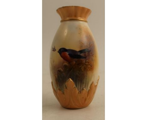 A Royal Worcester vase, with blush ivory neck and foot, decorated with Bullfinches in landscape by E Barker, shape number G10