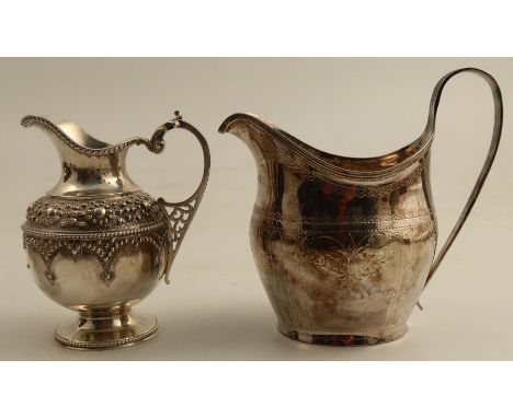 A Georgian silver cream jug, with bright cut decoration, London 1805, weight 3oz, together with a Victorian silver jug, with 