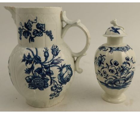 A First Period Worcester covered jar, the fluted body decorated in blue and white with flowers, open crescent mark to base, h