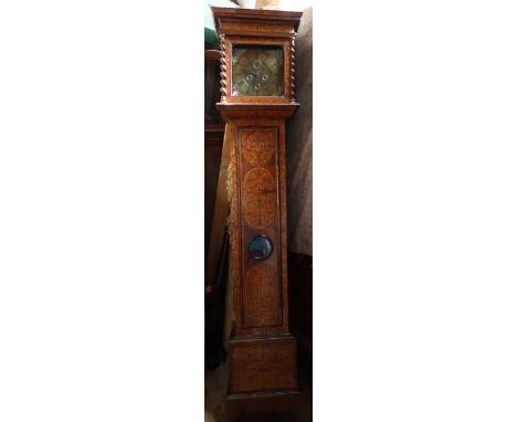 An antique seaweed marquetry long case clock, the square bras dial inscribed Walter Morgan Hereford, with weights and pendulu