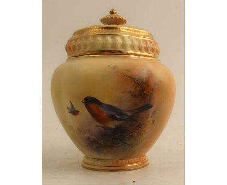 A Royal Worcester blush ivory pot pourri, the quarter lobbed body decorated with Bullfinches and foliage by E Barker, with pi