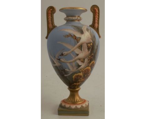 A Royal Worcester vase, decorated with swans by C H C Baldwyn, circa 1901, shape number 2120, height 5.75ins - Some rubbing t