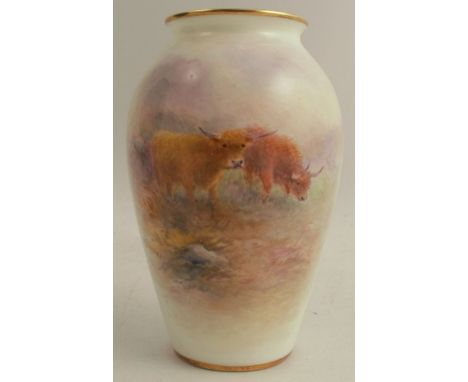 A Royal Worcester vase, decorated with Highland cattle by Harry Stinton, shape number G461, height 3.75ins - Good condition