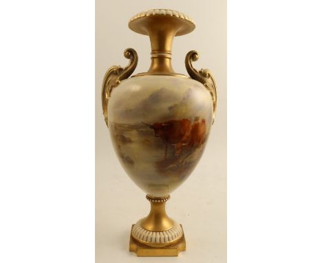 A Royal Worcester pedestal vase, decorated to the front with Highland cattle in landscape by J Stinton, with gilded handles a