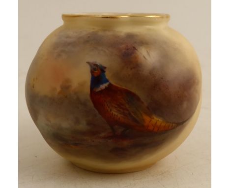 A Royal Worcester blush ivory vase, the wrythern moulded body decorated to the front with a pheasant in landscape by Jas Stin