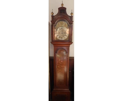 A 19th century mahogany cased musical long case clock, with brass arched dial and silvered chapter ring, engraved 4 bells 8 b
