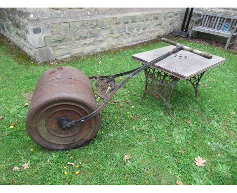 A garden roller, width 24ins, together with a garden table, 39ins x 28ins