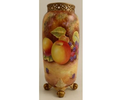 A Royal Worcester cylindrical vase, decorated all around with fruit to a mossy background by Leaman, shape number G42 L/S, af