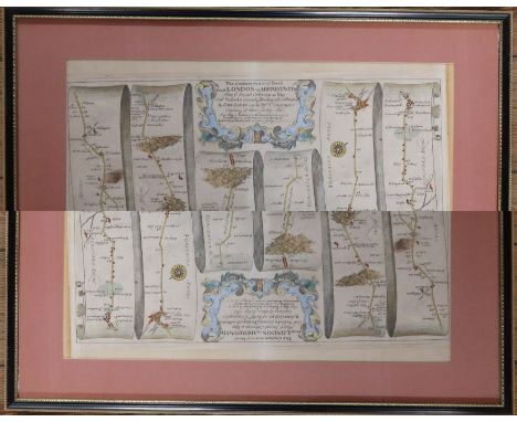 An antique map, of the road from London to Aberistwith by John Ogiby Esq, Lond coloured, plate 2