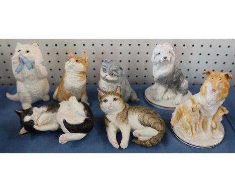 Five Royal Worcester cat models, all from the Kittens series, together with a Royal Worcester model of Old English Puppy and 