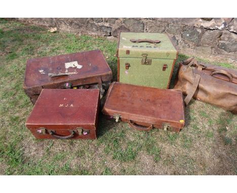 A collection of vintage luggage, to include leather Gladstone bag, a leather suitcase bearing Allen, London, label, hat box w