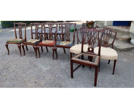 A set of four Hepplewhite style dining chairs, with pierced splat back and tapestry seats, together with a pair of 19th centu