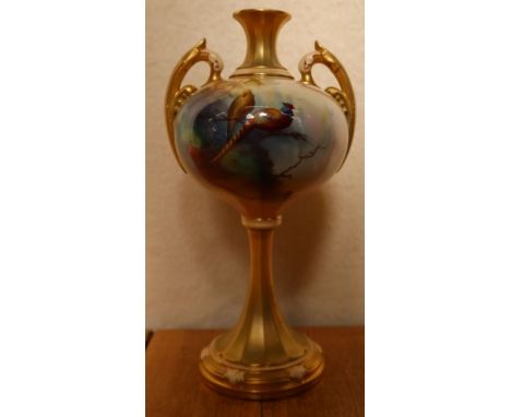 A Royal Worcester vase, decorated with pheasants roosting in a tree by Lewis, with gilt handles, neck and tall pedestal foot,