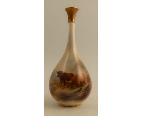 A Royal Worcester bottle vase, decorated to the front with Highland cattle in landscape by H Stinton, shape number H105, heig