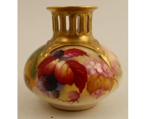 A Royal Worcester vase, with pierced gilded neck, the quarter lobbed body decorated with Autumnal fruits and leaves by Kitty 