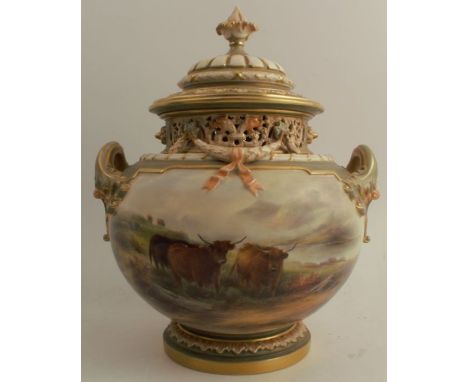 A Royal Worcester covered bow piece, decorated with Highland cattle in a landscape by John Stinton, with two handles, shape n