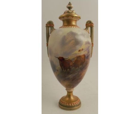 A Royal Worcester covered vase, decorated with Highland cattle by John Stinton, shaped number 2336, circa 1907,&nbsp;height 1