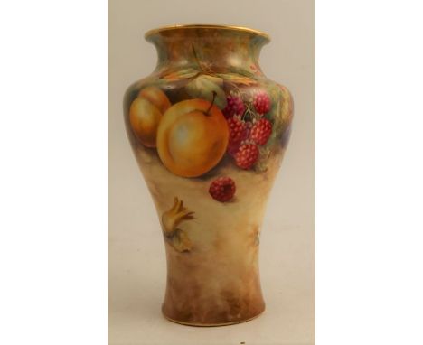 A Royal Worcester baluster vase, decorated all around with fruit to a mossy ground by H H Price, with gilt rim, shape number 