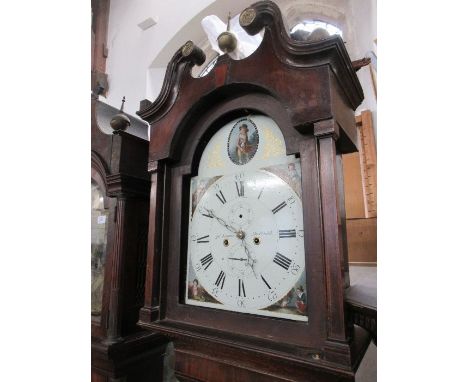 Two Antique long case clocks, the one with painted dial signed Lomas Sheffield, dial height 19ins, width 12ins, total height 