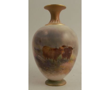 A Royal Worcester vase, decorated with Highland cattle by H Stinton, shape number H302, circa 1912, height 7.25ins - Good con