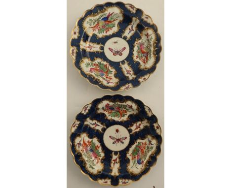 A pair of 18th century Worcester shallow saucer dishes, the scale blue ground decorated with reserve panels of insects and fa