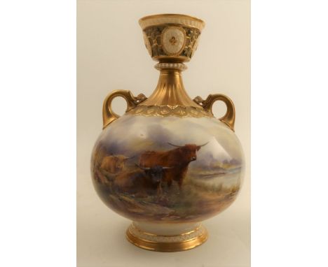 A Royal Worcester vase, decorated to the front with Highland cattle in landscape by John Stinton, with landscape to the back,