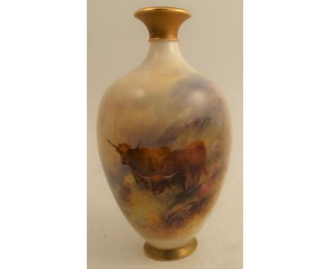 A Royal Worcester vase, decorated to the front with Highland cattle in landscape by H Stinton, with gilt neck, shape number H