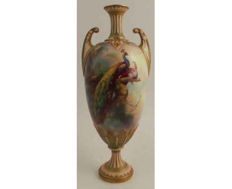 A Royal Worcester vase, decorated with peacocks by C V White, shape H179, circa 1907, height 13ins&nbsp; - Restored to neck a