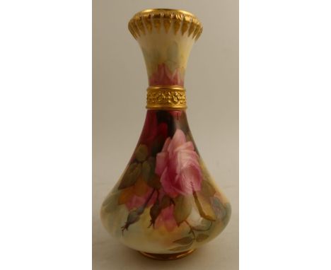 A Royal Worcester vase, decorated with pink and red roses with leaves by Sedgley, with gilt rim and collar, shape number 2187