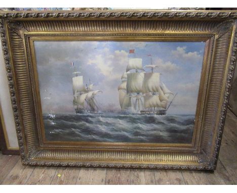 A large modern gilt framed oleograph, marine scene, 24ins x 35ins
