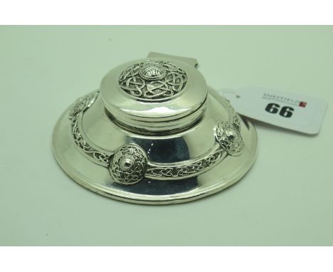 A Hallmarked Silver Celtic Design Inkwell, Henry Matthews, Birmingham 1912, detailed in relief, with associated liner, base (